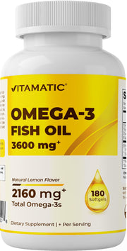 Vitamatic Omega-3 triple-strength bottle with lemon flavor for easy daily support.