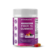 Vitamatic prebiotic fiber gummies bottle close-up supporting digestive health.