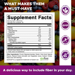 Vitamatic Prebiotic Fiber Gummies flavor swatch shows blackberry, peach, and strawberry