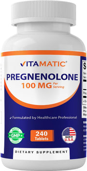 Vitamatic Pregnenolone bottle front highlights 100 mg per serving for daily wellness