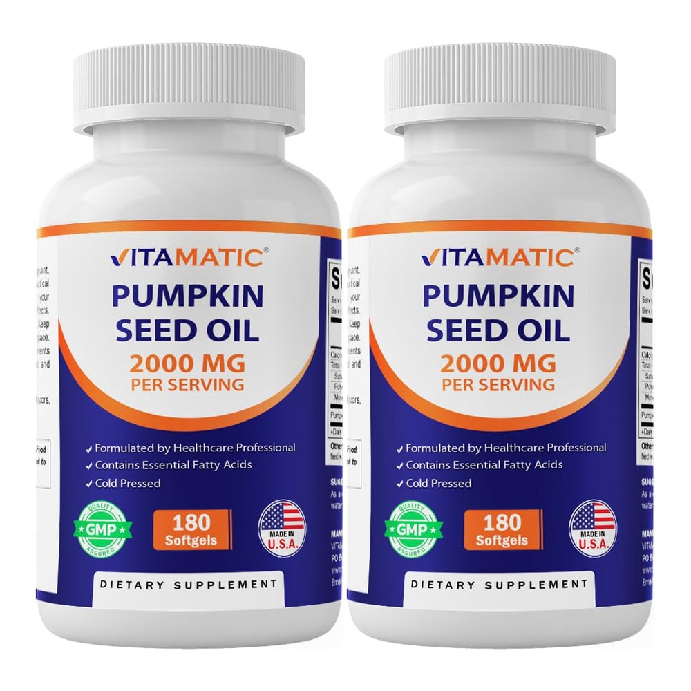 Vitamatic Pumpkin Seed Oil bottle front view for daily wellness support.