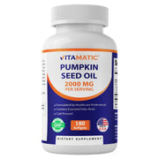 Vitamatic pumpkin seed oil bottle with softgels for convenient daily use.