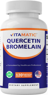 Vitamatic Quercetin with Bromelain bottle front shows non-GMO, gluten-free capsules.