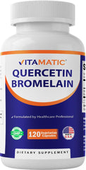 Vitamatic Quercetin with Bromelain bottle front shows non-GMO, gluten-free capsules.