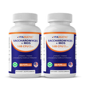 Vitamatic Saccharomyces Boulardii bottle front with 60 capsules for gut support.