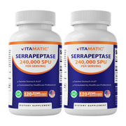 Vitamatic Serrapeptase bottle front shows enteric-coated capsules for stomach-friendly delivery