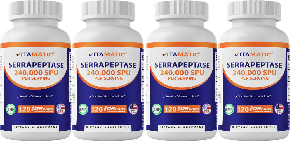 Vitamatic Serrapeptase bottle on white background for daily wellness support.