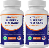 Vitamatic Slippery Elm Bark bottle front with 180 capsules for GI support.