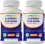 Vitamatic Slippery Elm Bark bottle front with 180 capsules for GI support.