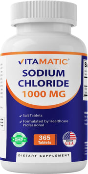 Vitamatic Sodium Chloride 1000mg bottle front shows clear labeling for easy dosing