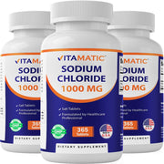 Vitamatic Sodium Chloride 1000mg tablets in bottle closeup for hydration support