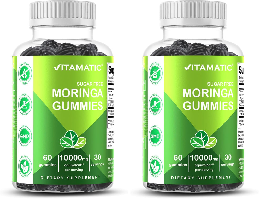 Vitamatic Sugar Free Moringa Gummies peach flavor for a tasty vegan snack.