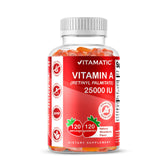 Vitamatic Vitamin A gummies bottle front with natural strawberry flavor.
