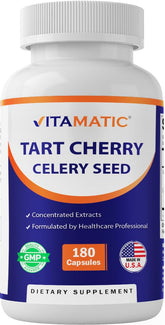 Vitamatic Tart Cherry 20X extract bottle for high-potency daily use.