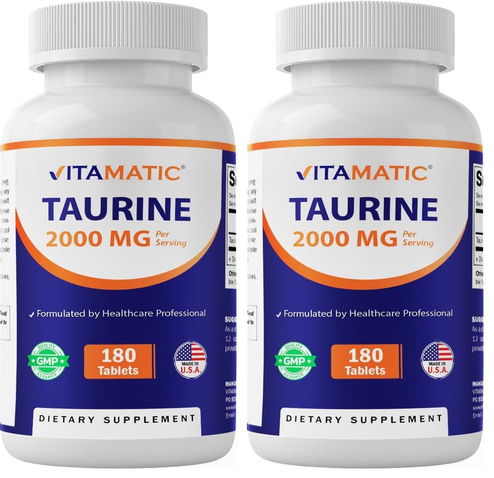 Vitamatic Taurine 2000mg bottle with capsules for convenient daily wellness support.