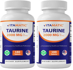 Vitamatic Taurine 2000mg bottle with capsules for convenient daily wellness support.