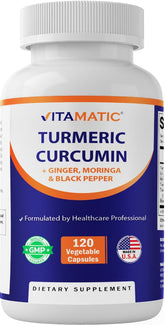 Vitamatic Turmeric Curcumin bottle front shows premium supplement for daily wellness support
