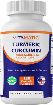 Vitamatic Turmeric Curcumin bottle front shows premium supplement for daily wellness support