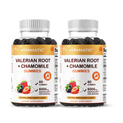 Vitamatic Valerian Root Chamomile gummies berry pack for evening relaxation.