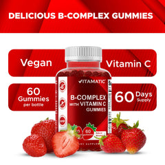 Vitamatic Vitamin B Complex Gummies close-up of chewy gummies with strawberry flavor