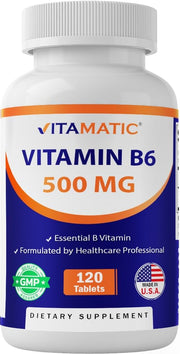 Vitamatic Vitamin B6 500 mg bottle front showing packaging and product name