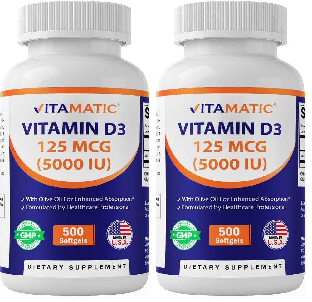 Vitamatic Vitamin D3 bottle front showing 5000 IU for bone support.