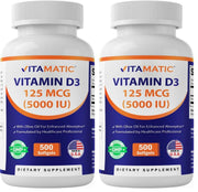 Vitamatic Vitamin D3 bottle front showing 5000 IU for bone support.