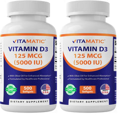 Vitamatic Vitamin D3 bottle front showing 5000 IU for bone support.