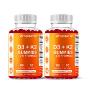 Vitamatic Vitamin D3 & K2 Gummies bottle front highlighting calcium absorption and bone health benefits.