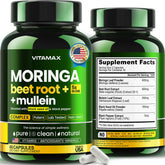 Vitamax bottle of Moringa Capsules on a clean countertop for daily energy support.
