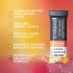 Vitamax Health Optimal Energy fruit punch stick pack dissolves in water without sugar.