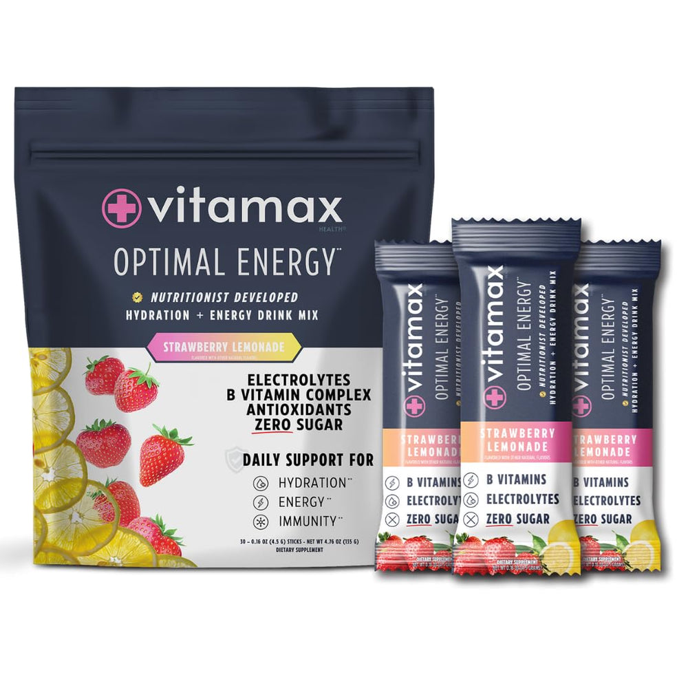 Vitamax Health Optimal Energy strawberry lemonade stick pack for portable hydration.