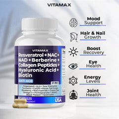 Vitamax hyaluronic acid capsules emphasize skin hydration support