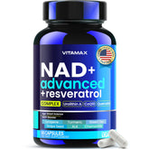 Vitamax Liposomal NAD+ bottle front highlights premium energy-supporting formula.