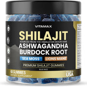 Vitamax Organic Shilajit Gummies Blue Razz bottle highlights convenient energy support.