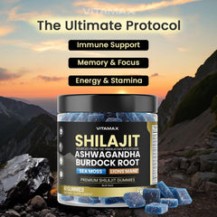 Vitamax Shilajit Gummies ingredient panel shows minerals for daily wellness.