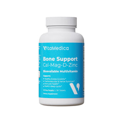 VitaMedica Bone Support bottle front shows chelated minerals for easy absorption.