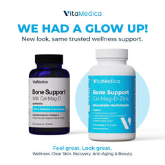 VitaMedica Bone Support tablets close-up highlights calcium and magnesium for joint health.