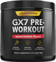 Vitamin Bounty GX7 pre-workout bottle with watermelon flavor for a refreshing training boost.