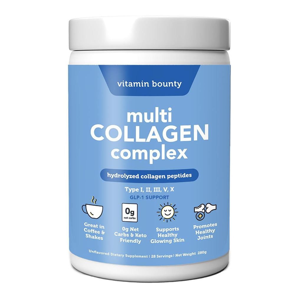 Vitamin Bounty Multi Collagen bottle front view showing a five-type blend for skin and joints.