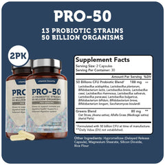 Vitamin Bounty Pro-50 probiotic bottle side label highlights 50B CFU and 13 strains.