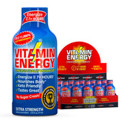 Vitamin Energy B12 shot in acai-pomegranate bottle for sustained vitality.