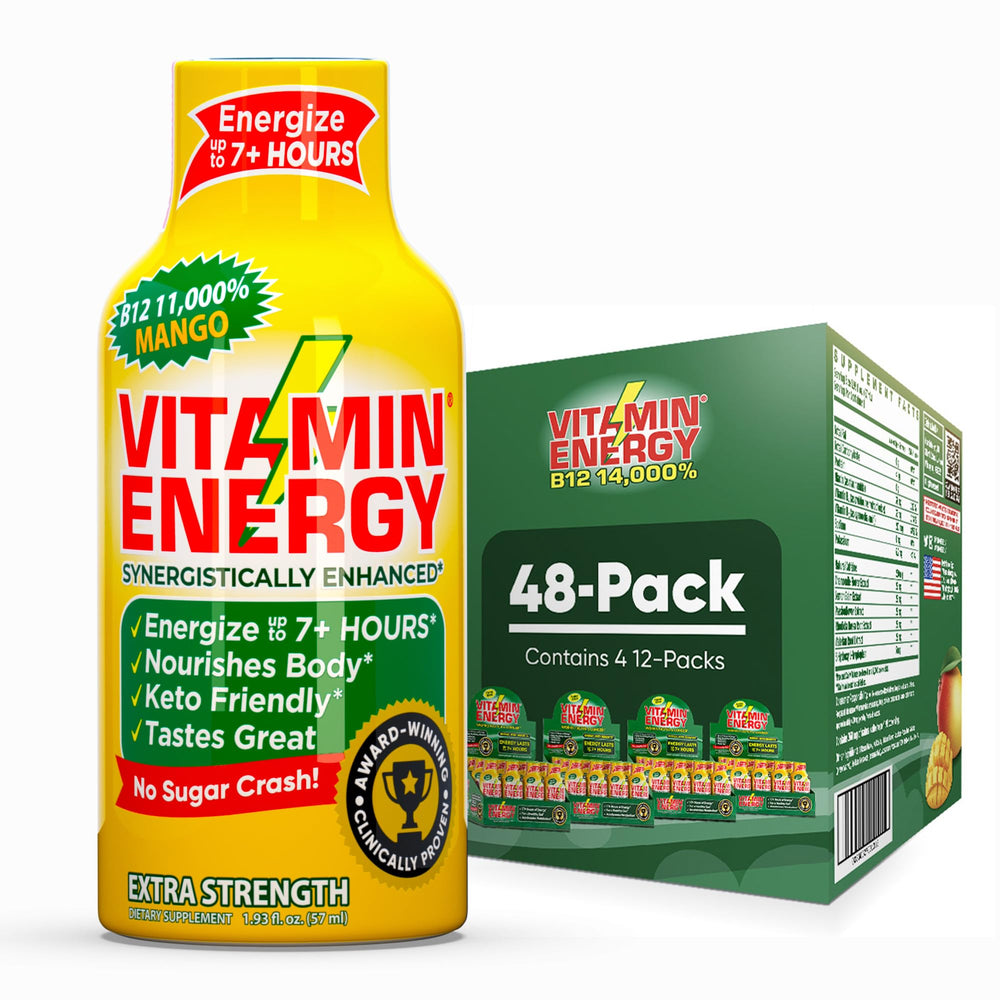 Vitamin Energy B12 Mango Shot bottle on a desk for quick focus and sustained energy