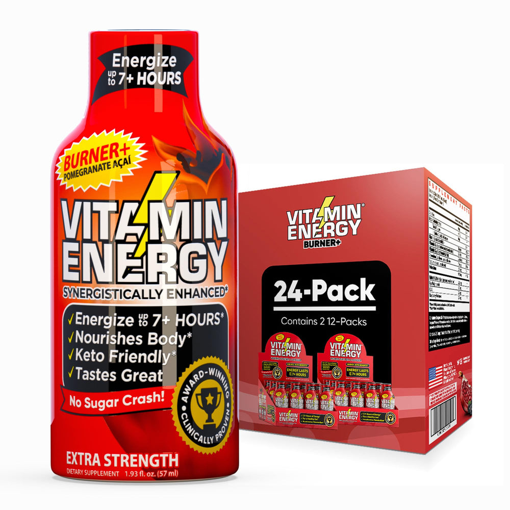 Vitamin Energy Burner+ bottle front highlighting compact energy for workouts.