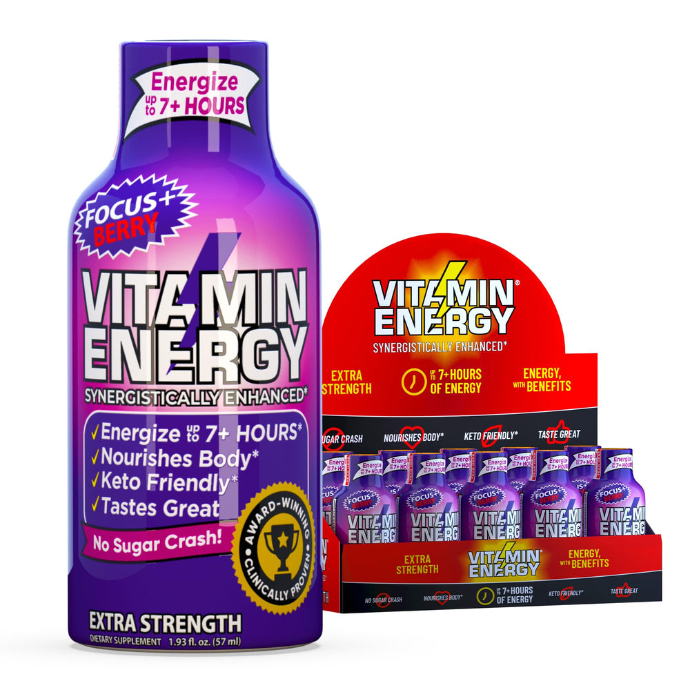 Vitamin Energy Focus+ Berry Shot bottle highlights compact energy and berry flavor.