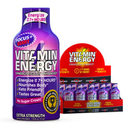 Vitamin Energy Focus+ Berry Shot bottle highlights compact energy and berry flavor.