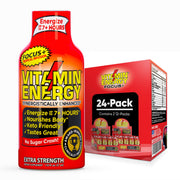 Vitamin Energy Focus+ tropical shot 24-pack bottle closeup for sustained focus.