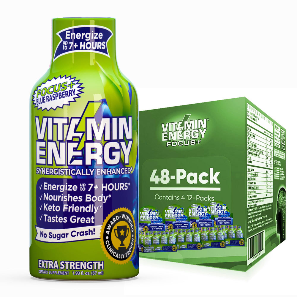Vitamin Energy Focus+ blue raspberry shot bottle for on-the-go energy and focus.