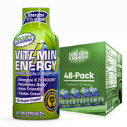 Vitamin Energy Focus+ blue raspberry shot bottle for on-the-go energy and focus.