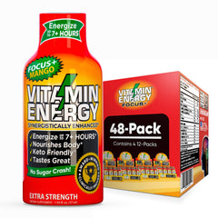Vitamin Energy Focus+ Mango shot front view showing bold branding for quick energy boost